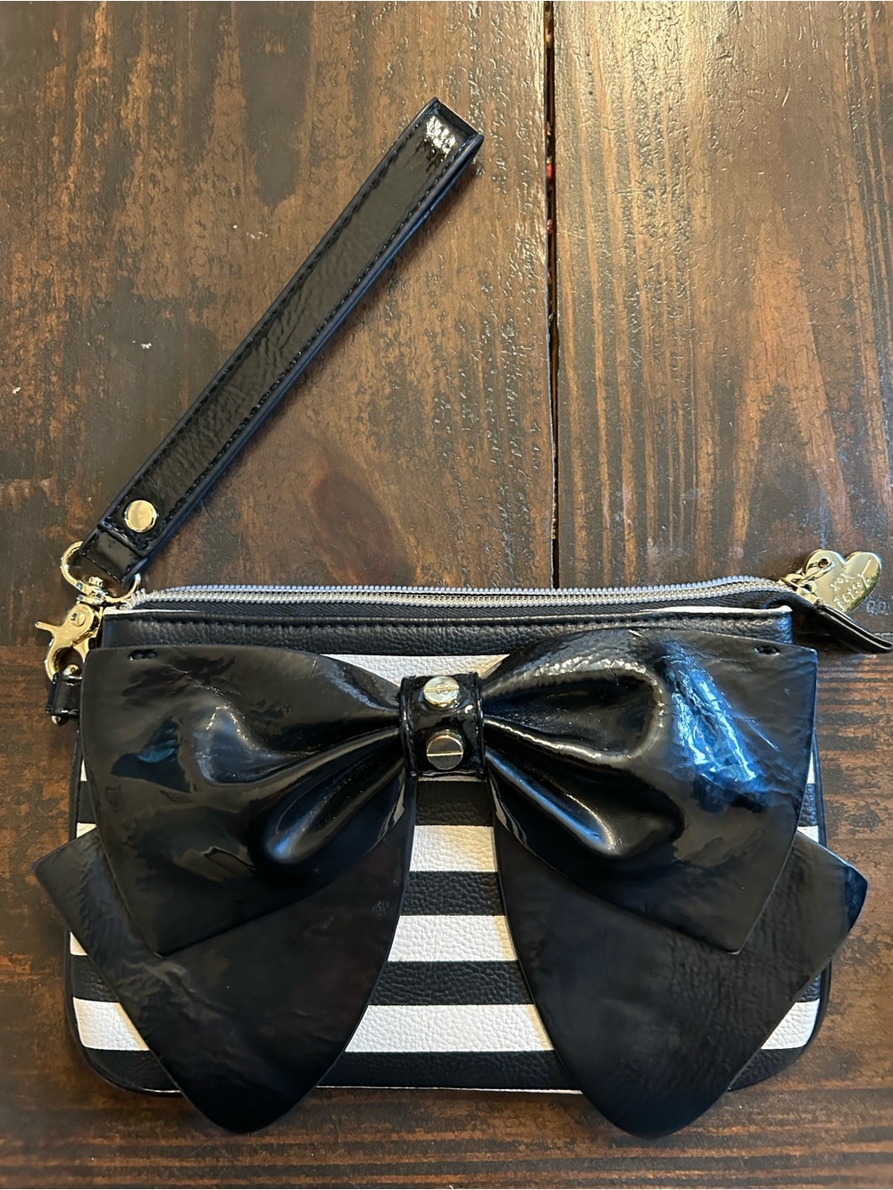 Betsey Johnson Black Patent Wristlet with Pink Rose Interior Print